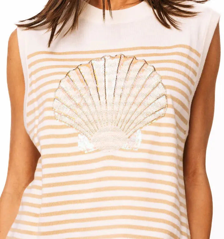 Striped Shell Knit Tank by Queen of Sparkles featuring a sleeveless design and colorful horizontal stripes.