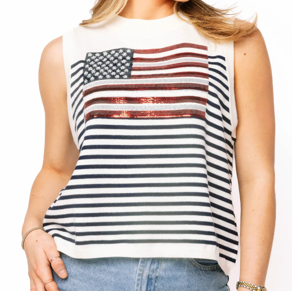 White knit American flag stripe tank top by Queen of Sparkles, featuring sleeveless design and patriotic flag pattern.
