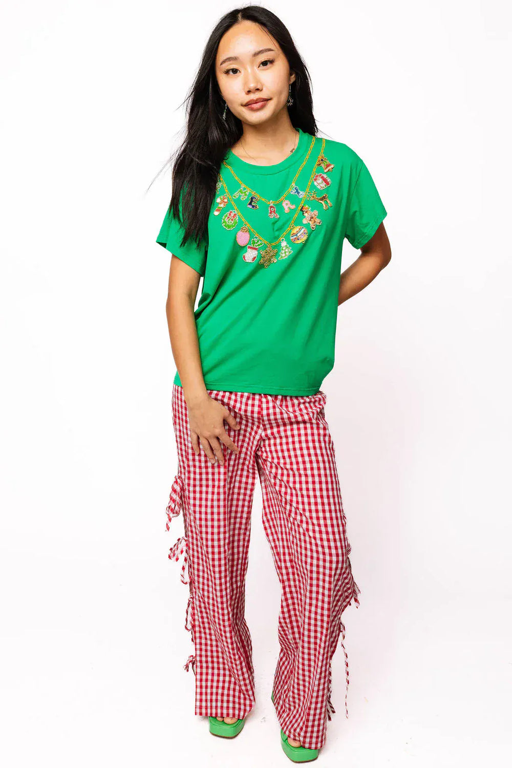 Queen of Sparkles Tee Bright Green Christmas Necklace Tee