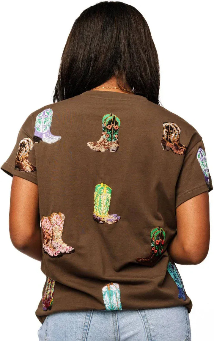 Queen of Sparkles Tee Brown Multi Cowboy Boot Tee
