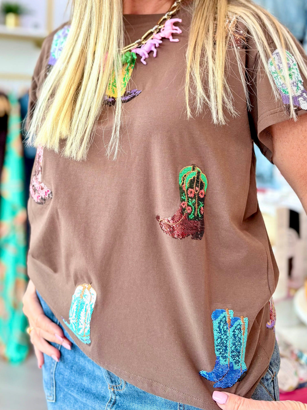 Brown Multi Cowboy Boot Tee - Teal Poppy