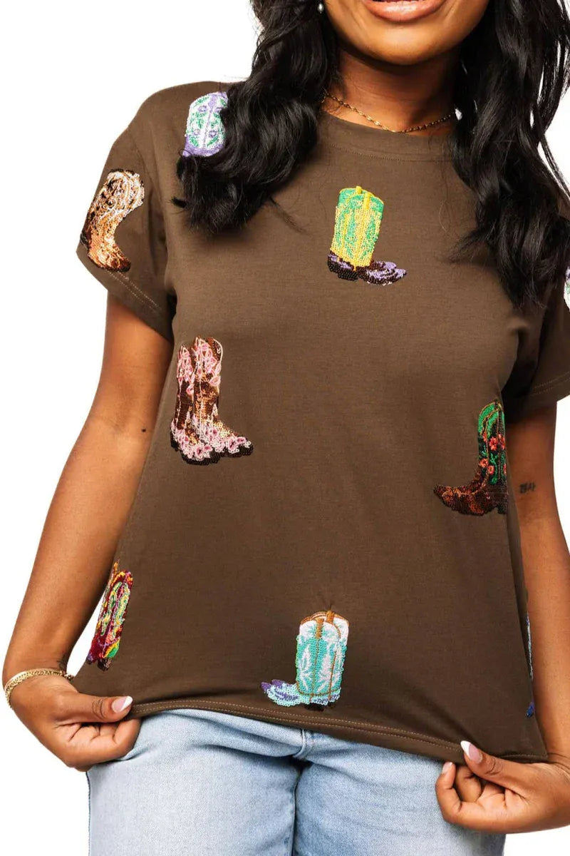 Queen of Sparkles Tee Brown / XS Brown Multi Cowboy Boot Tee