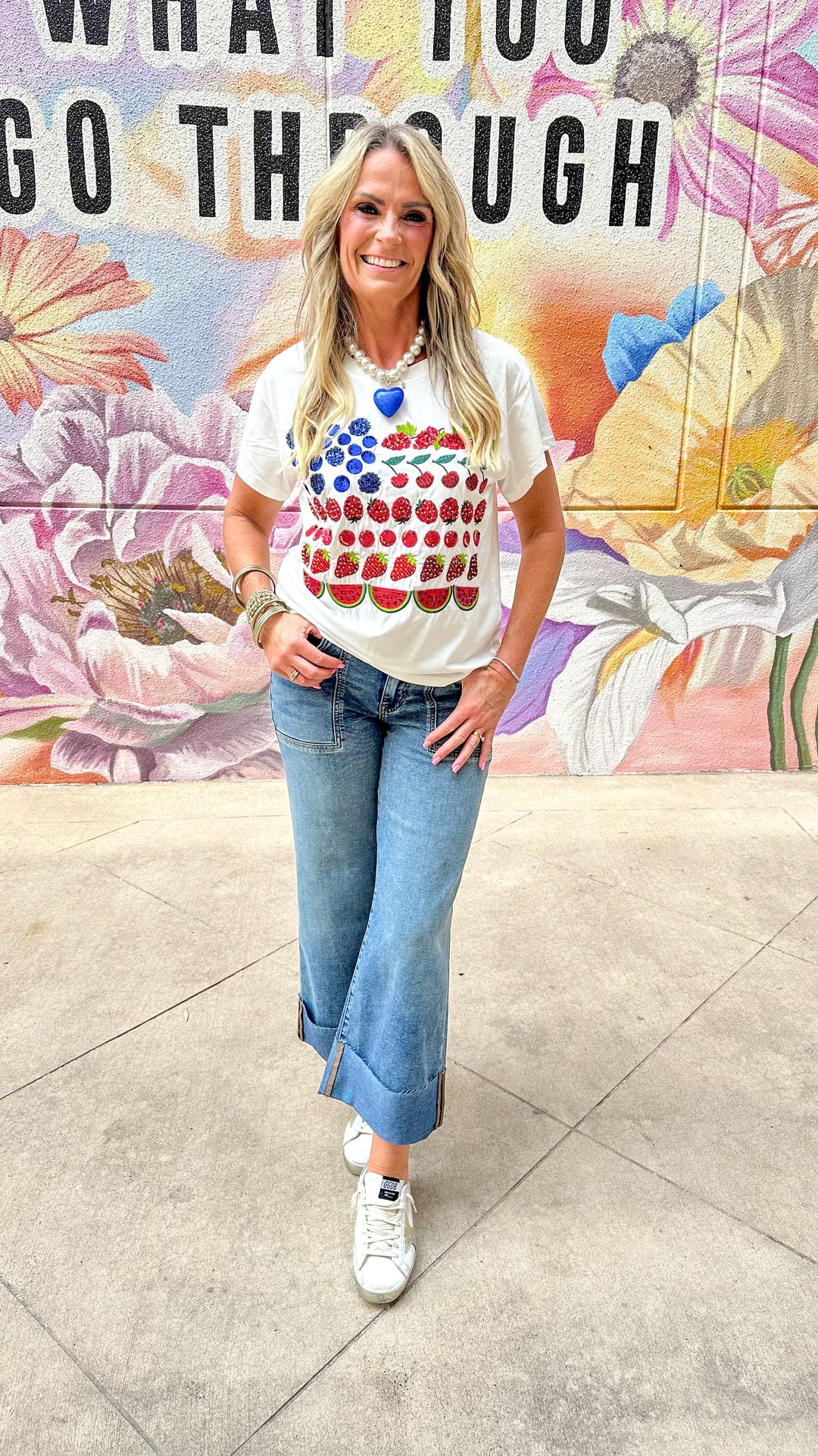 Fruit USA Flag T-shirt by Queen of Sparkles featuring a colorful fruit and American flag design on a casual tee.