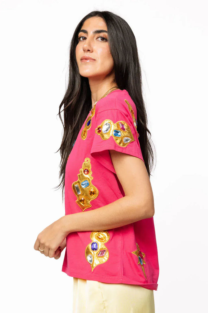 Queen of Sparkles Tee Hot Pink Multi Diamond Ornament Tee