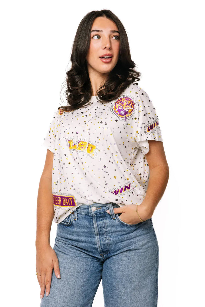 Queen of Sparkles Tee Licensed LSU Multi Rhinestone Scattered Logo Tee