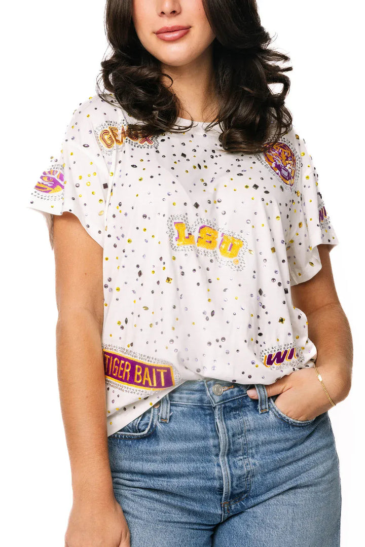 Queen of Sparkles Tee Licensed LSU Multi Rhinestone Scattered Logo Tee