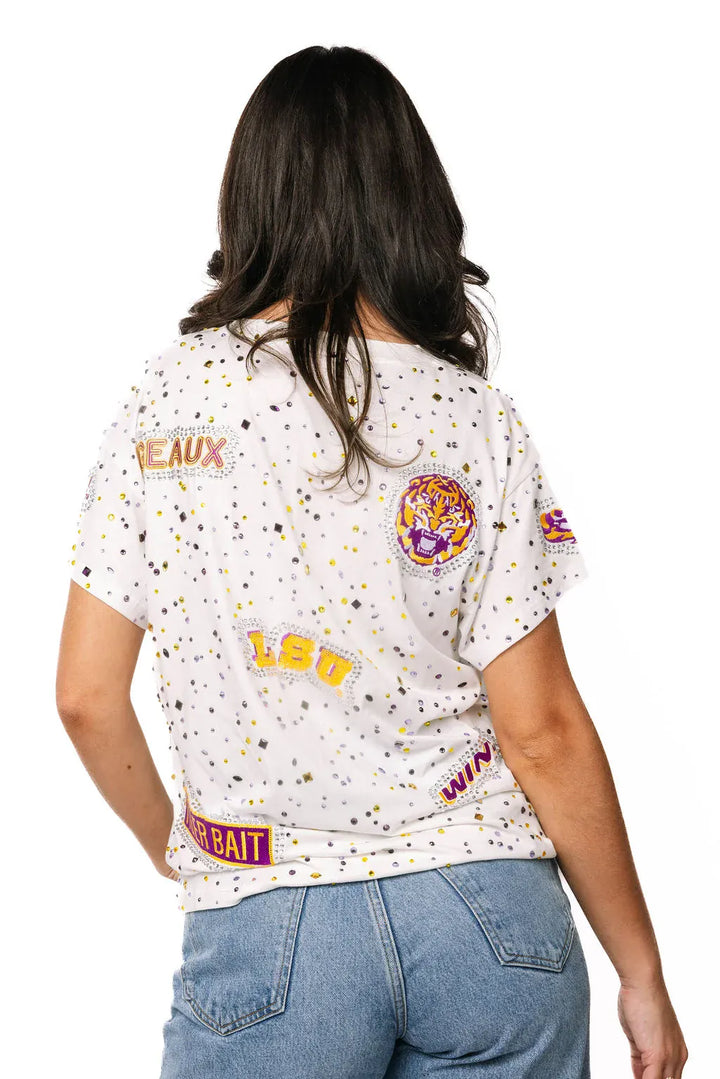 Queen of Sparkles Tee Licensed LSU Multi Rhinestone Scattered Logo Tee