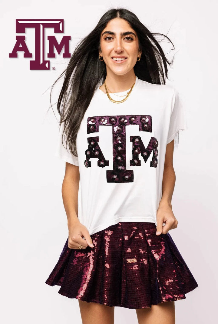 Queen of Sparkles Tee Licensed Texas A&M Mascot Sequin Flower Tee