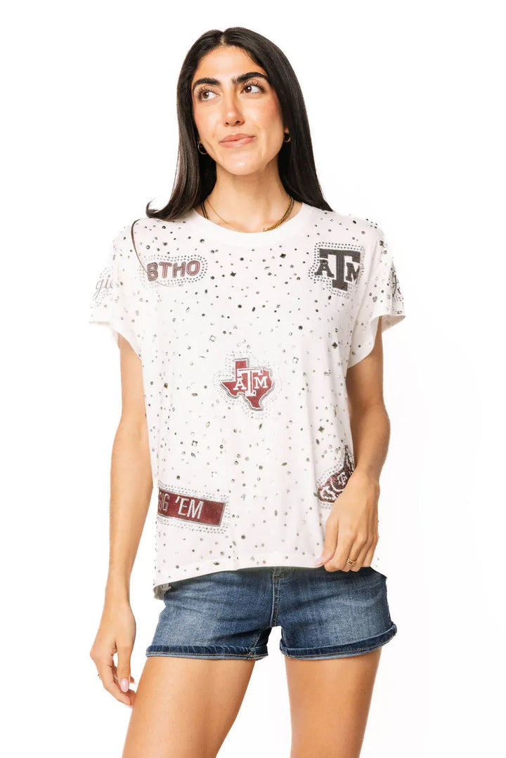 Queen of Sparkles Tee Licensed Texas A&amp;M Multi Rhinestone Scattered Logo Tee