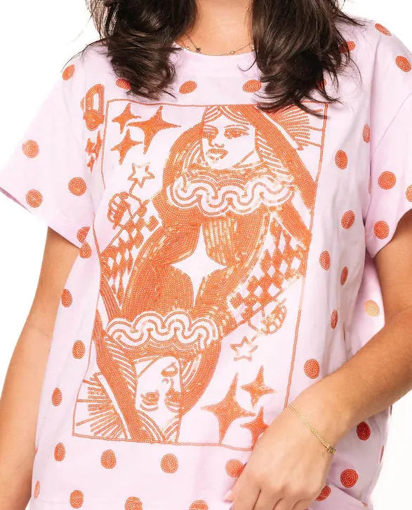 Queen of Sparkles Polka Dot QOS Card Logo Tee featuring a stylish polka dot design and brand logo on a casual tee.