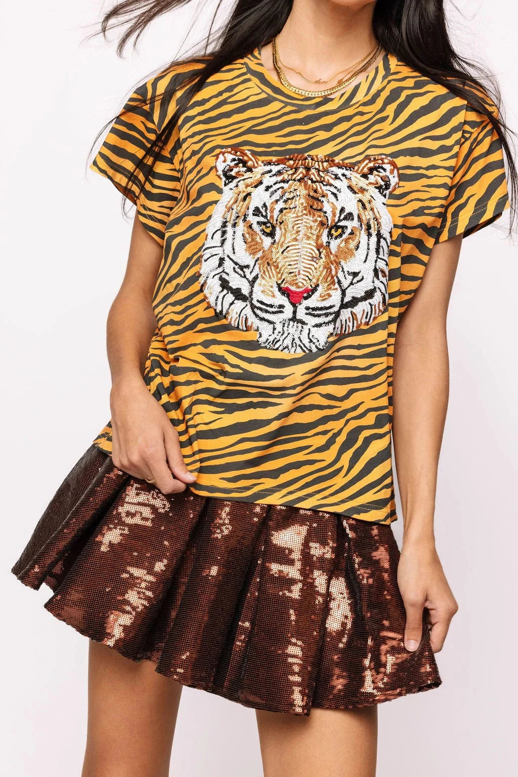 Queen of Sparkles Tee Tiger Head on Tiger Print Tee