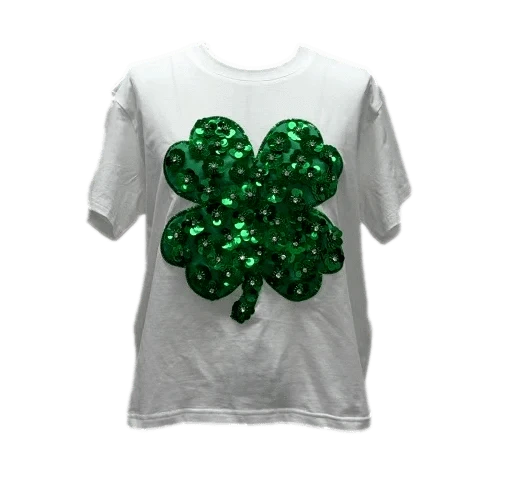 Queen of Sparkles Tee White & Green Sequin Flower Shamrock Tee