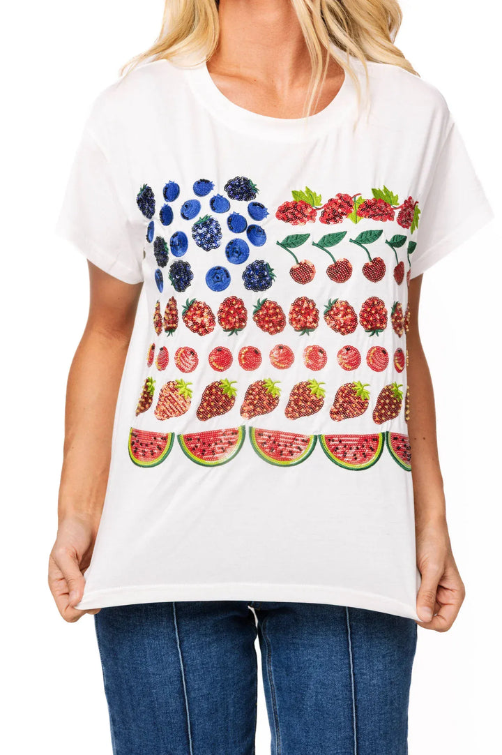 White Fruit USA Flag Tee by Queen of Sparkles featuring a colorful fruit and USA flag design on the front.