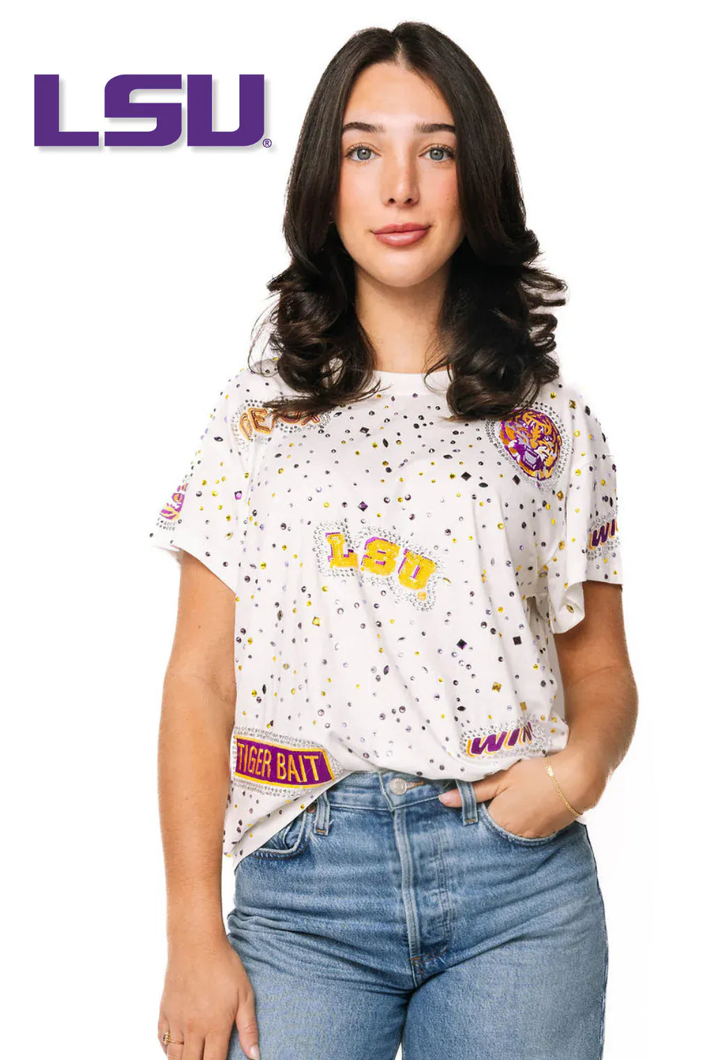 Queen of Sparkles Tee White / XS Licensed LSU Multi Rhinestone Scattered Logo Tee