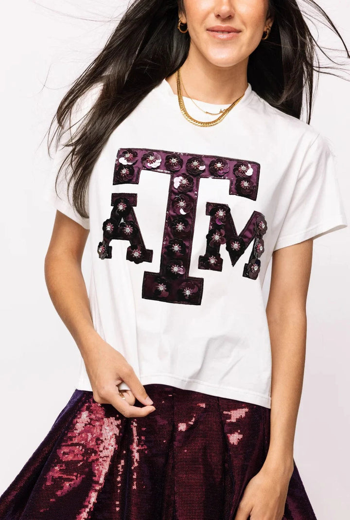 Queen of Sparkles Tee White / XS Licensed Texas A&M Mascot Sequin Flower Tee