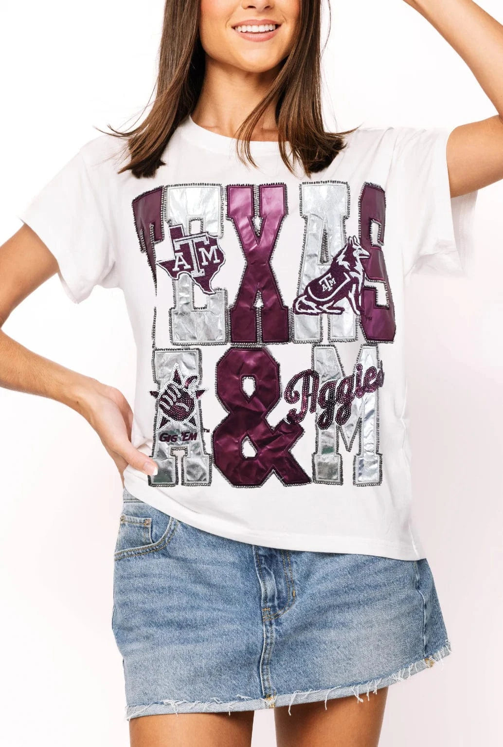 Queen of Sparkles Tee White / XS Licensed Texas A&M Metallic Word with Icons Tee