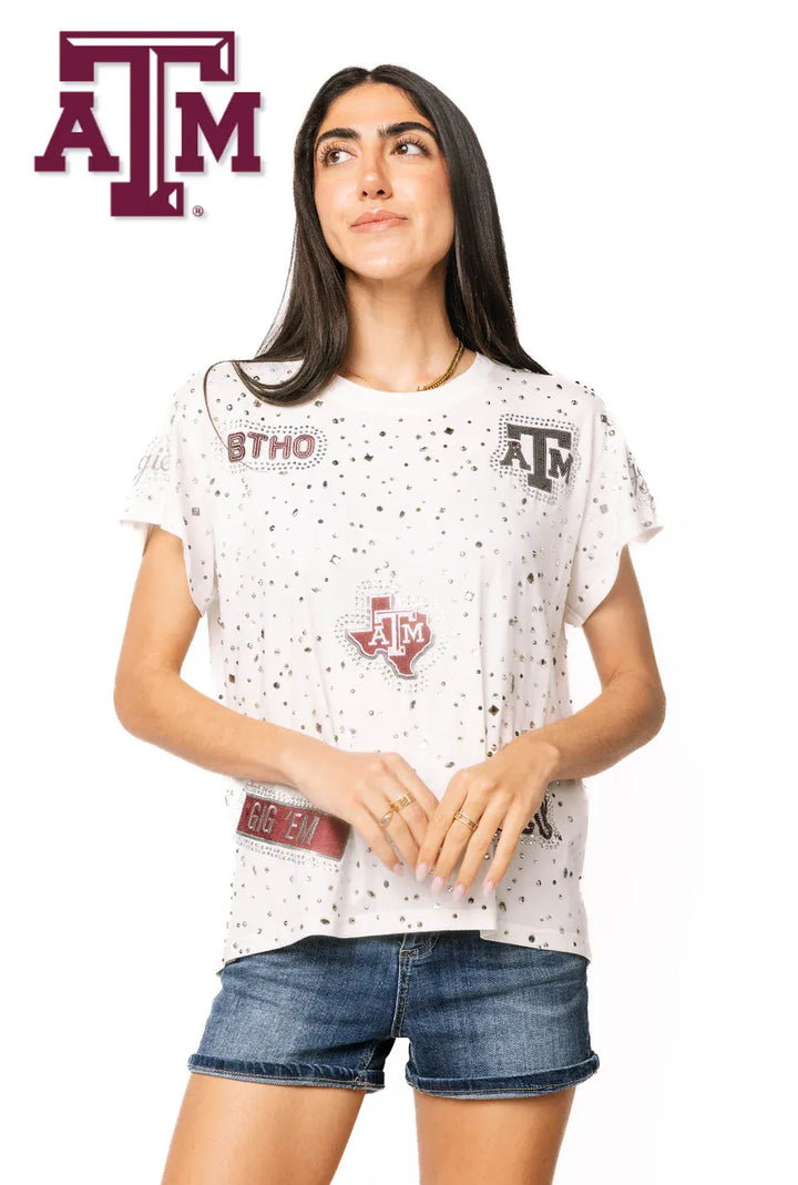 Queen of Sparkles Tee White / XS Licensed Texas A&amp;M Multi Rhinestone Scattered Logo Tee