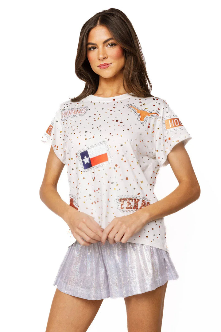 Queen of Sparkles Tee White / XS Licensed Texas Multi Rhinestone Scattered Logo Tee