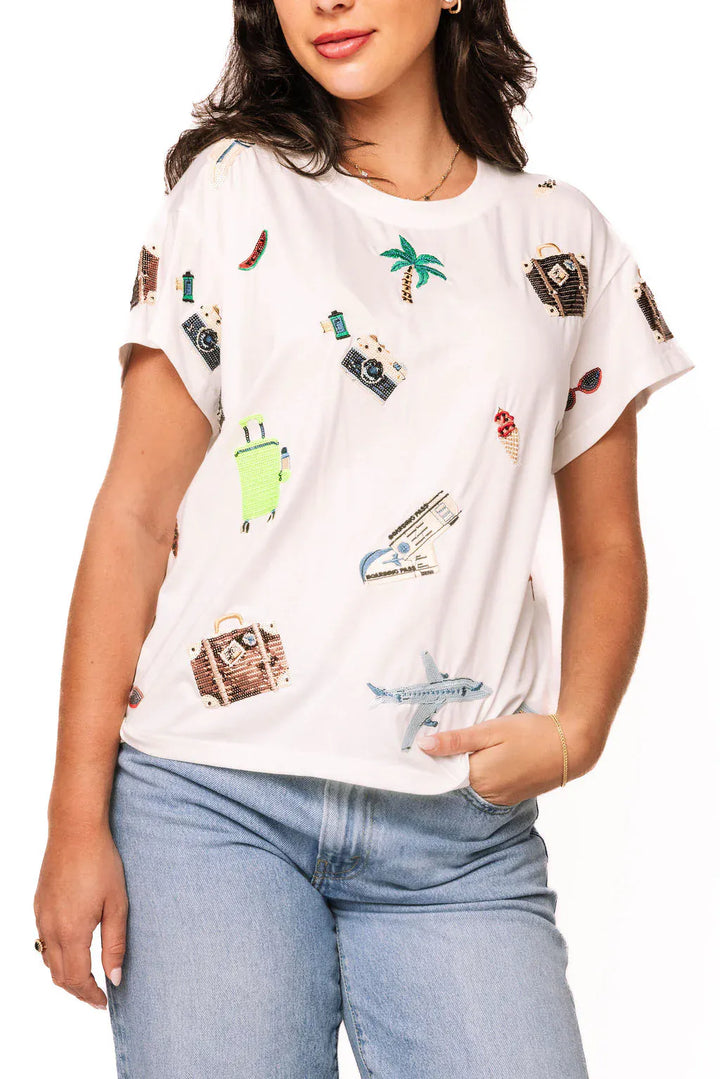 White Queen of Sparkles Travel Icon Tee with travel-themed graphic on front, XS size, casual and stylish.
