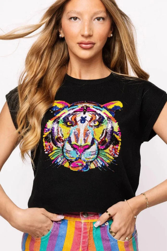 Queen of Sparkles Top Black / XS Rainbow Tiger Knit Short Sleeve Sweater Top