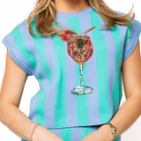 Blue and teal striped cocktail knit top by Queen of Sparkles, featuring a fitted design and stylish pattern.