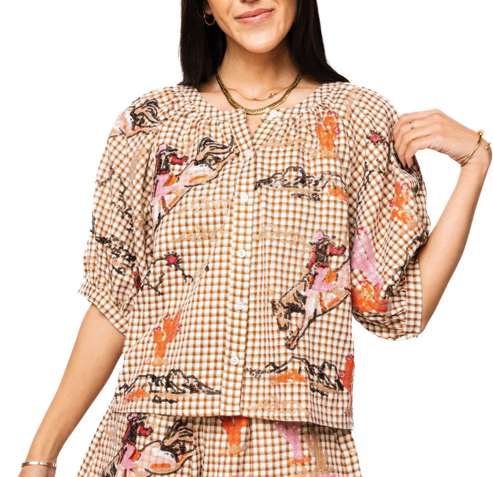 Queen of Sparkles Top Brown / XS Brown Gingham Bucking Cowgirl Button Up Cotton Top