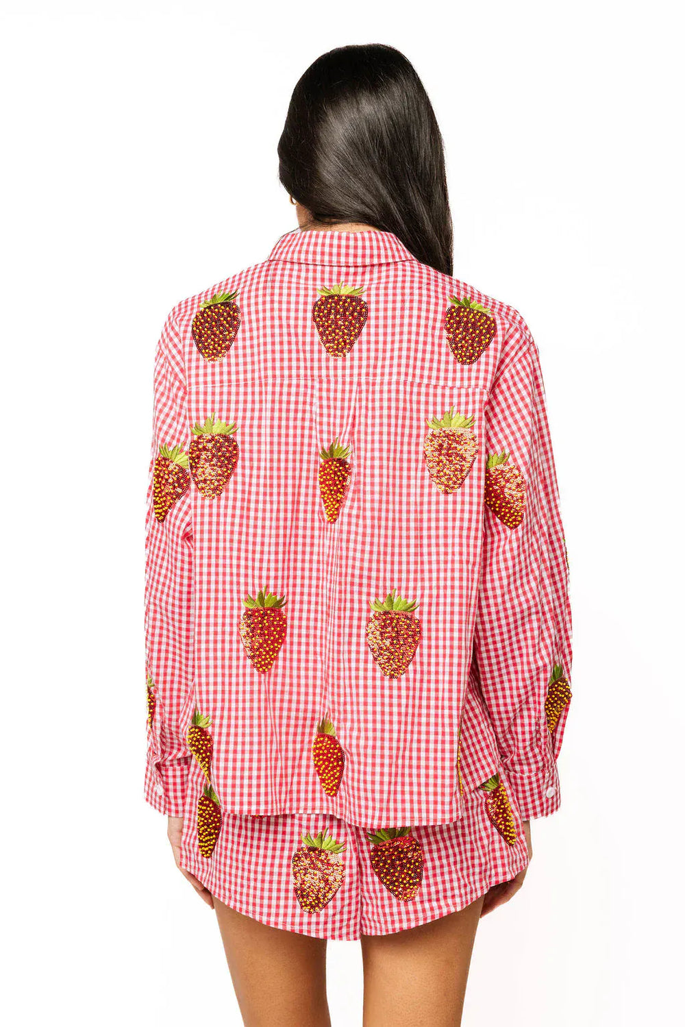 Queen of Sparkles Top Gingham Beaded Strawberry Button Up Top