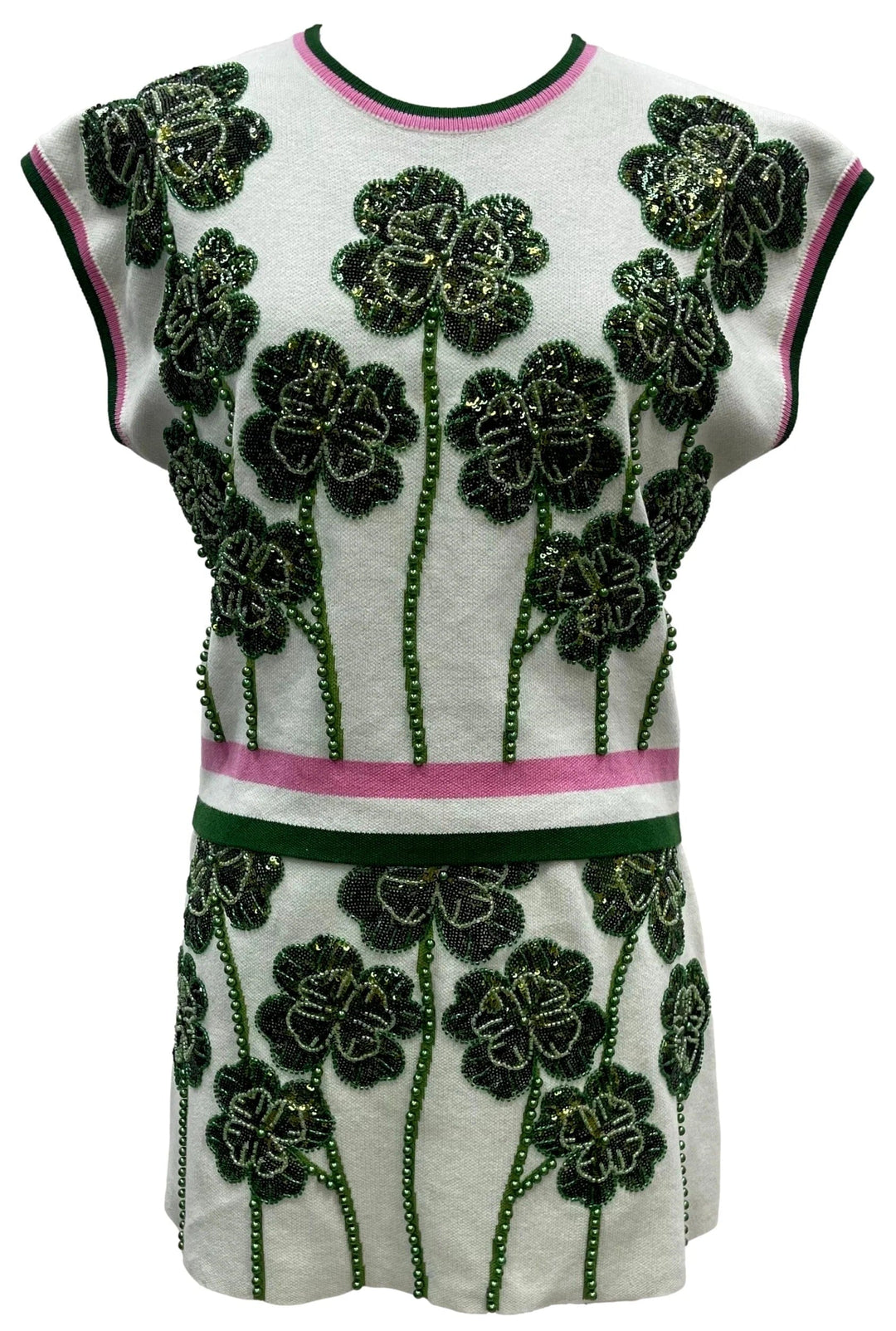 Queen of Sparkles Top Green & Pink Stripe Trim Beaded Shamrock Top