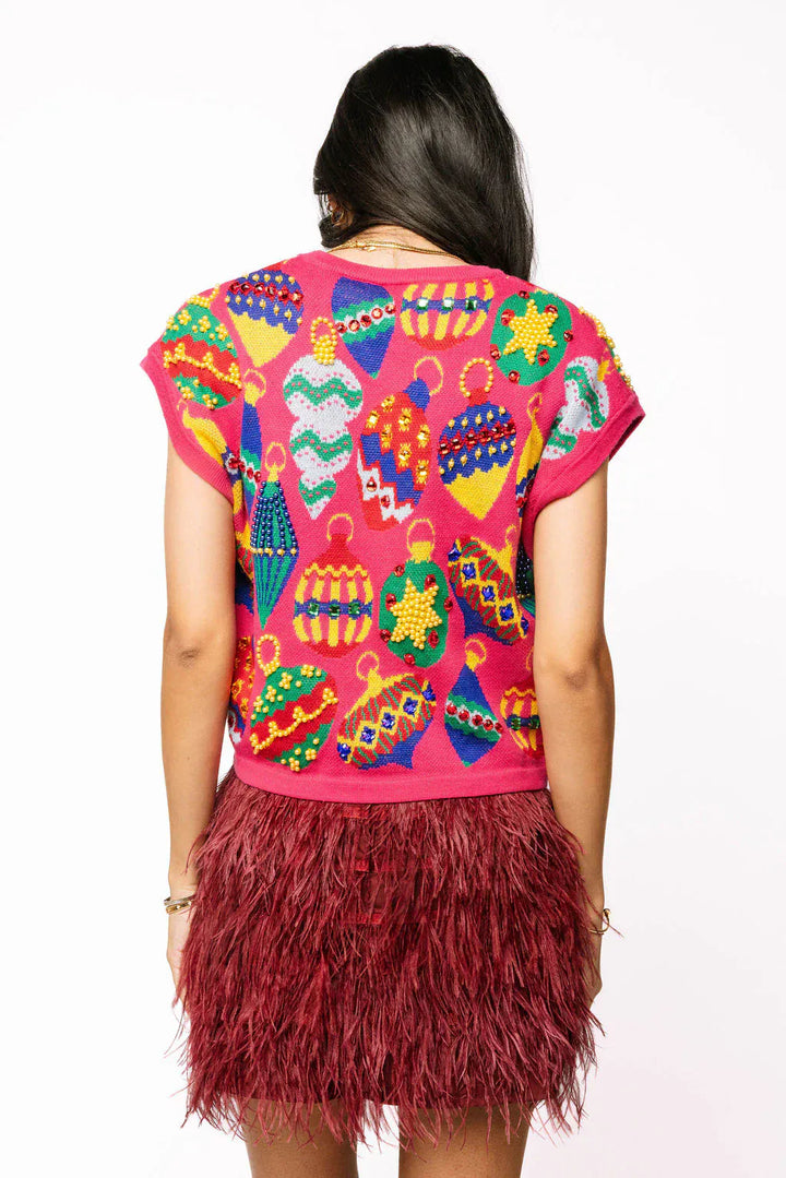 Queen of Sparkles Top Hot Pink Multi Jeweled Ornament Top