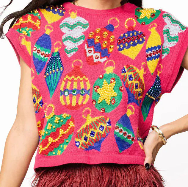 Queen of Sparkles Top Hot Pink Multi Jeweled Ornament Top