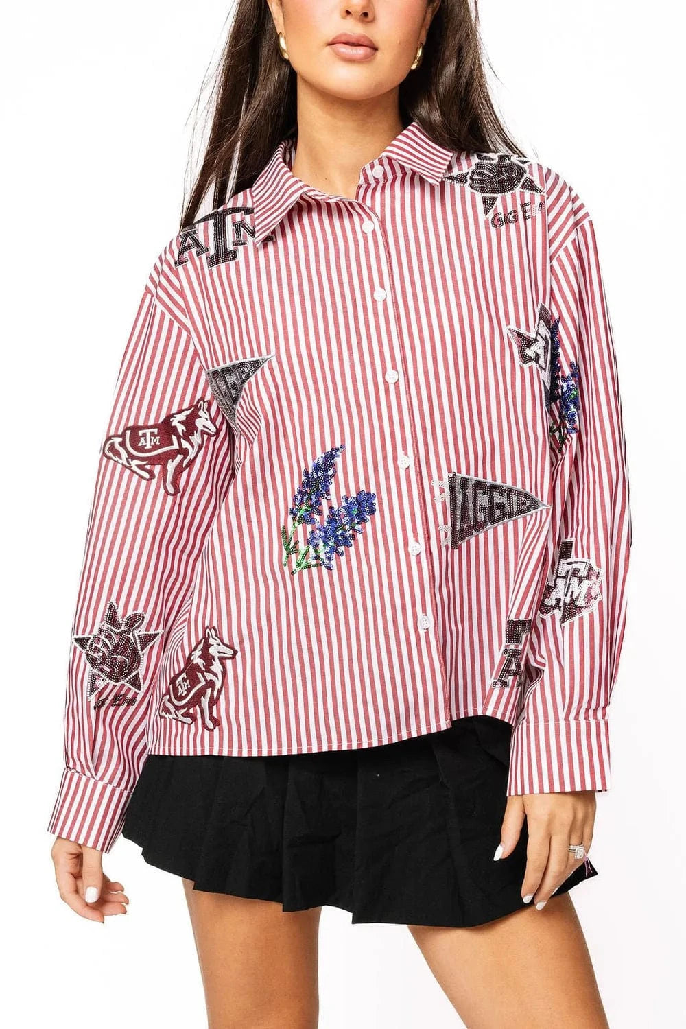 Queen of Sparkles Top Maroon / White Stripe / XS Licensed Texas A&M Mini Icon Striped Button Down