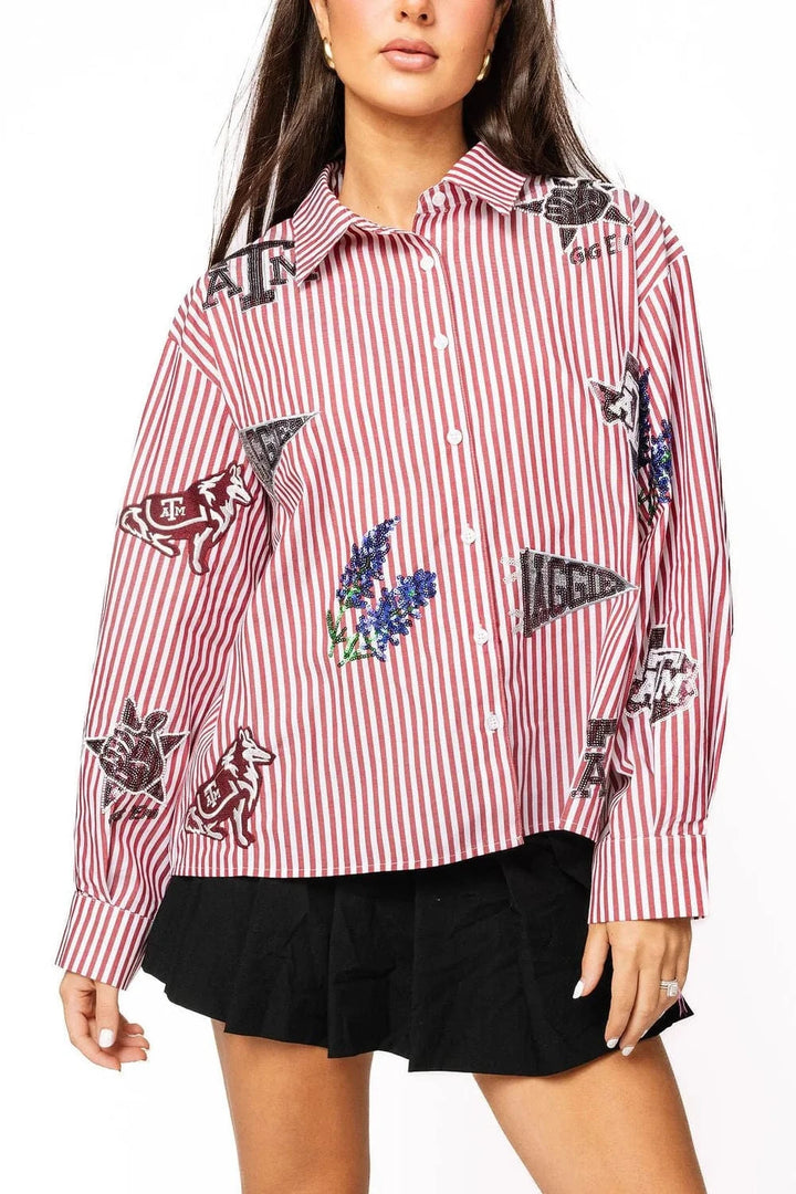 Queen of Sparkles Top Maroon / White Stripe / XS Licensed Texas A&M Mini Icon Striped Button Down