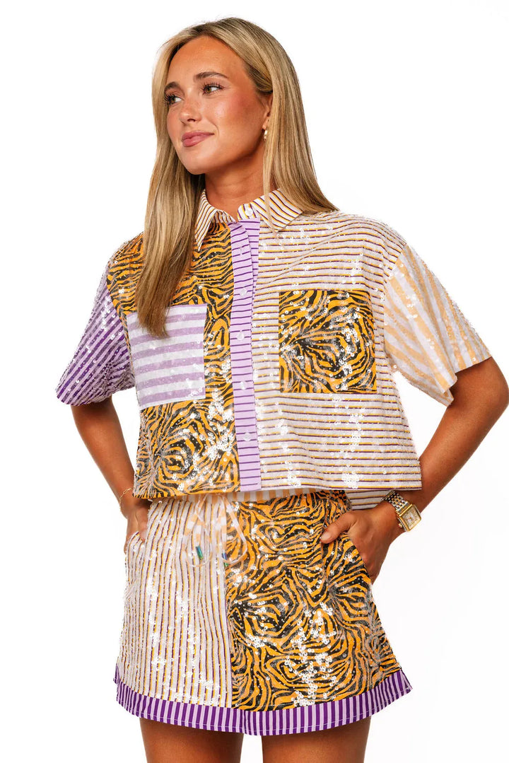 Queen of Sparkles Top Purple &amp; Yellow / XS Tiger Colorblock Sequin Pocket Top