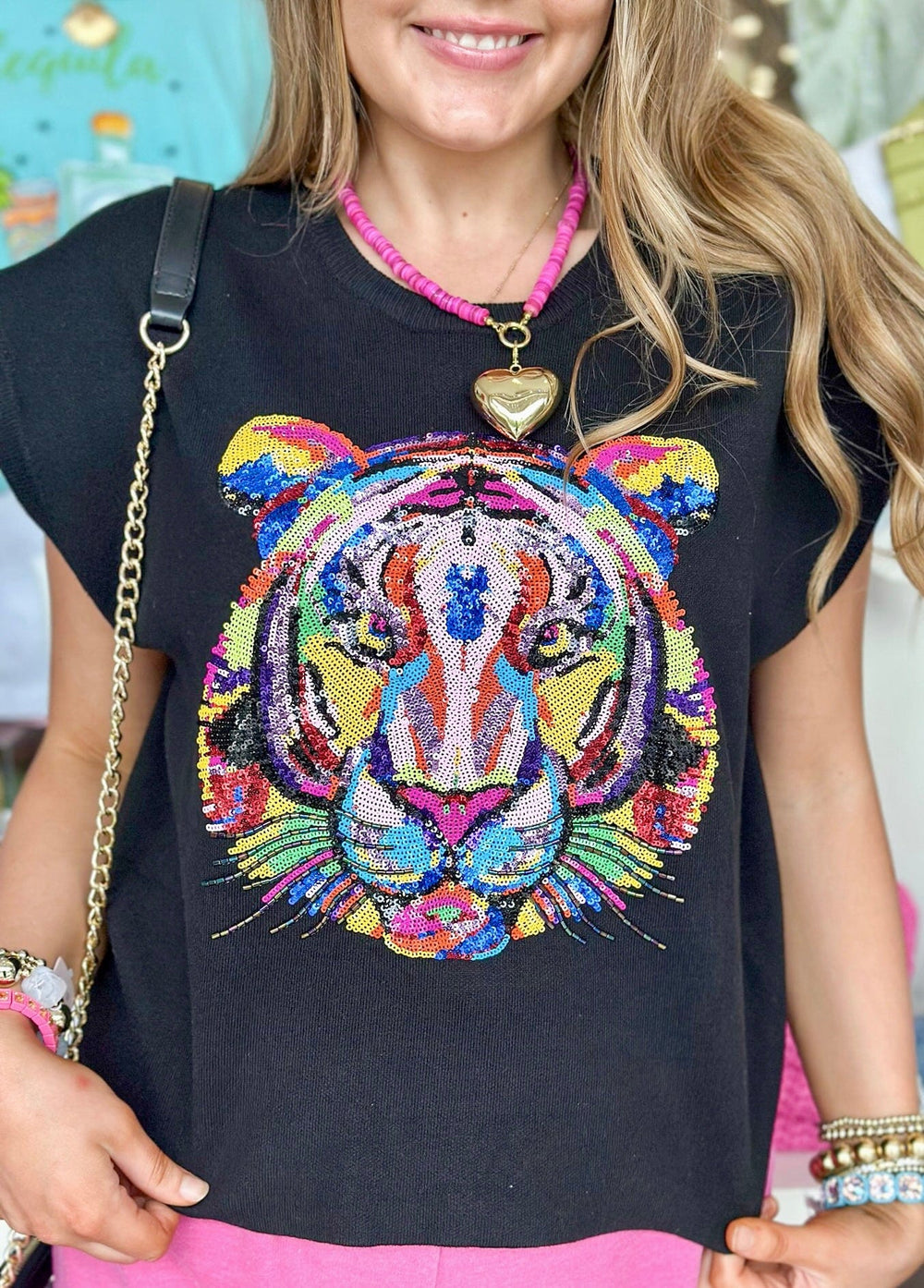 Queen of Sparkles Top Rainbow Tiger Knit Short Sleeve Sweater Top