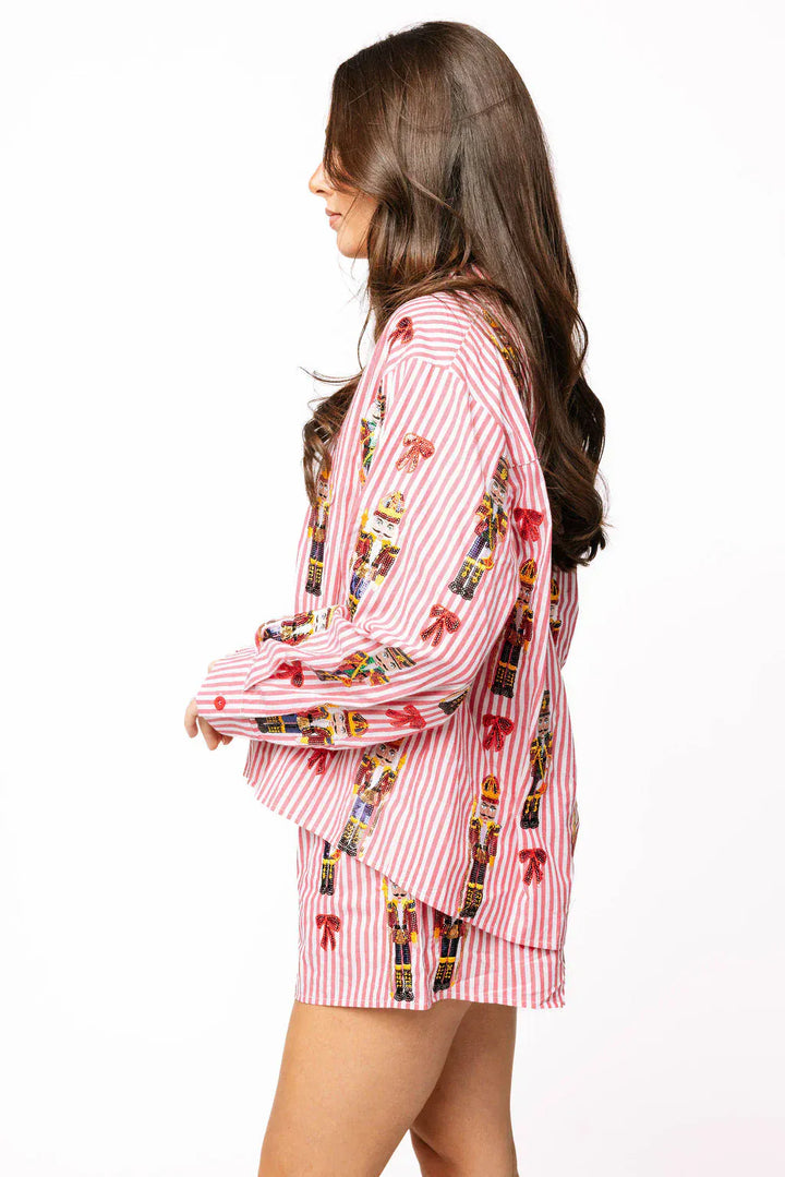 Queen of Sparkles Top Red Stripe Scattered Nutcracker & Bow Cotton Button Up Top