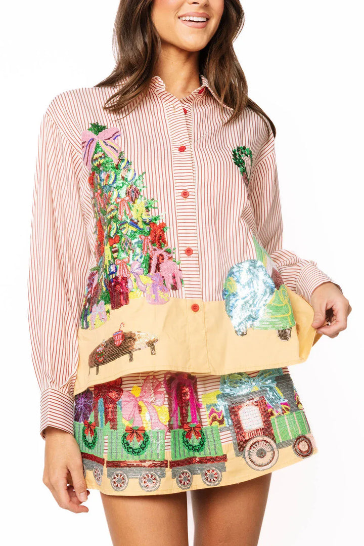 Queen of Sparkles Top Red Striped / XS Red Striped Christmas Scene Cotton Top