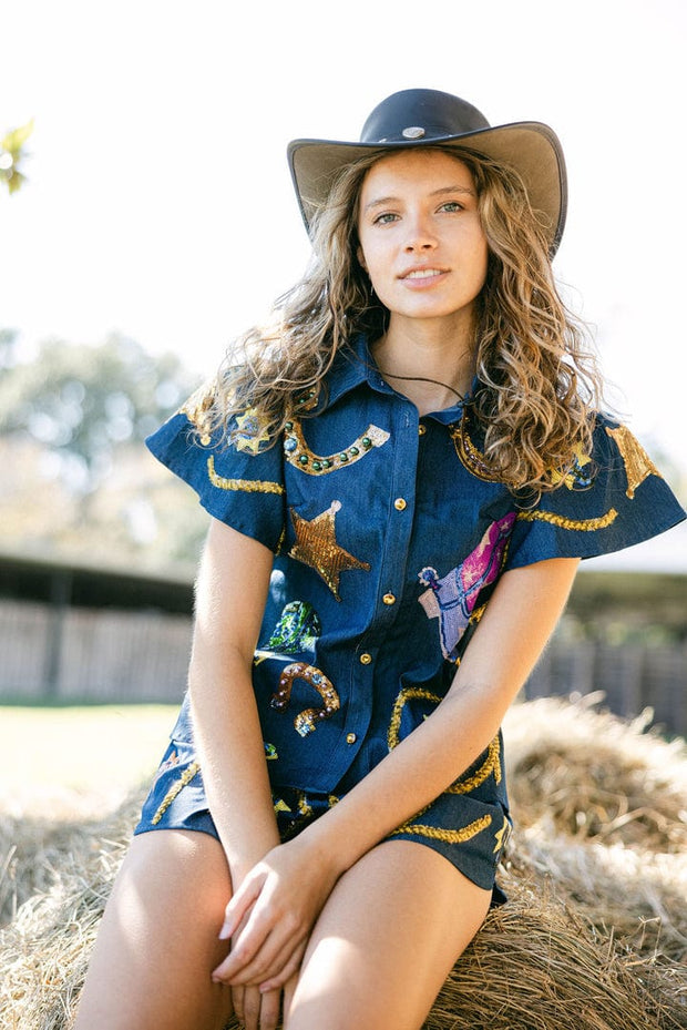 Queen of Sparkles Top S Denim Cowgirl Icon Collar Top