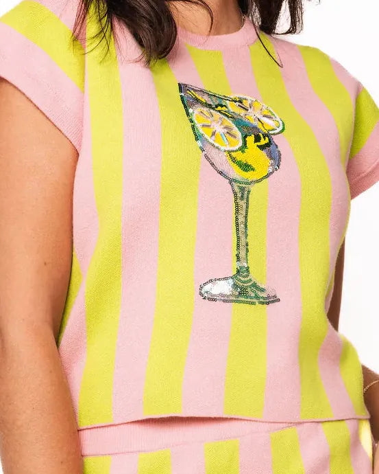 Queen of Sparkles striped cocktail knit top featuring vibrant colors and a fitted design, perfect for stylish occasions.