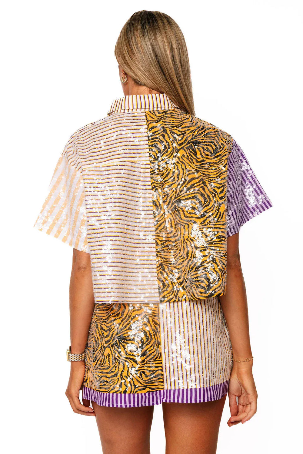 Queen of Sparkles Top Tiger Colorblock Sequin Pocket Top