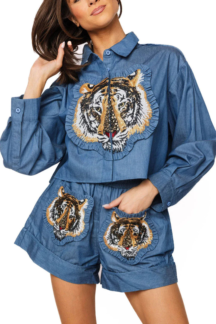 Queen of Sparkles Top Tiger Patch Button Up Long Sleeve Top