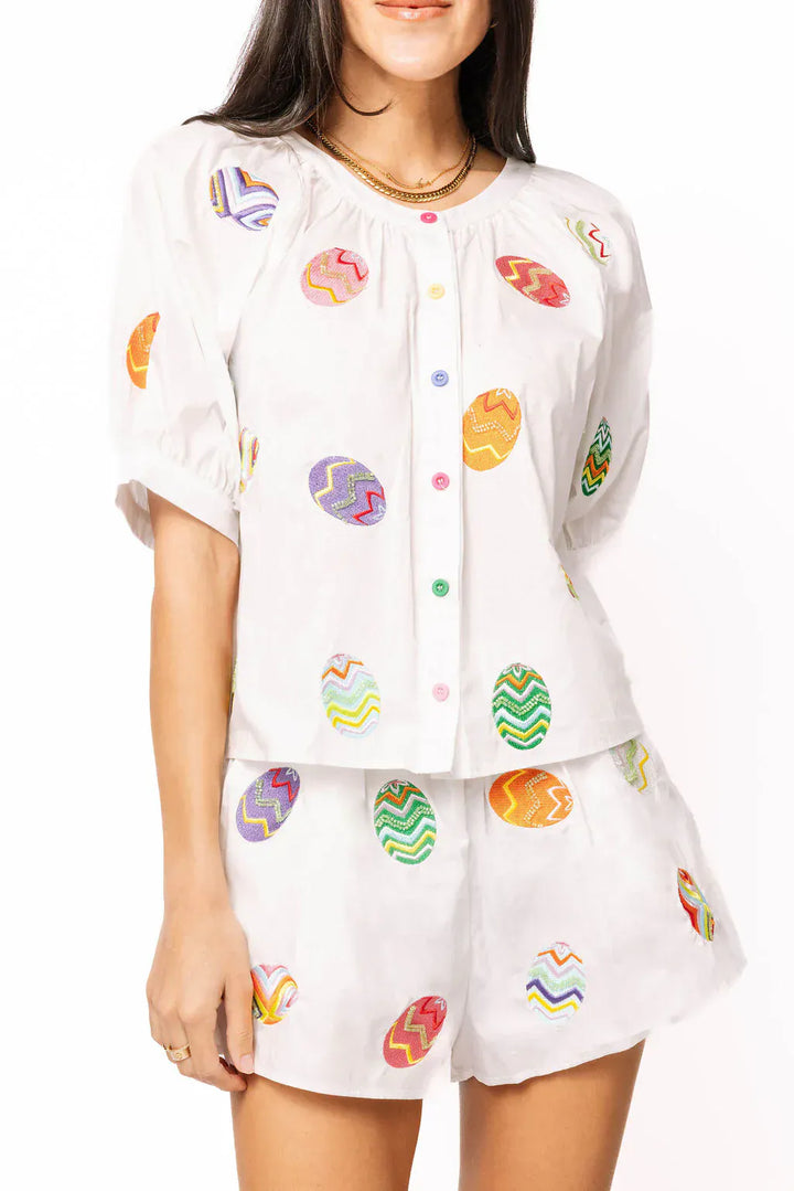 Queen of Sparkles Top White Multi / XS Easter Egg Button Up Cotton Top