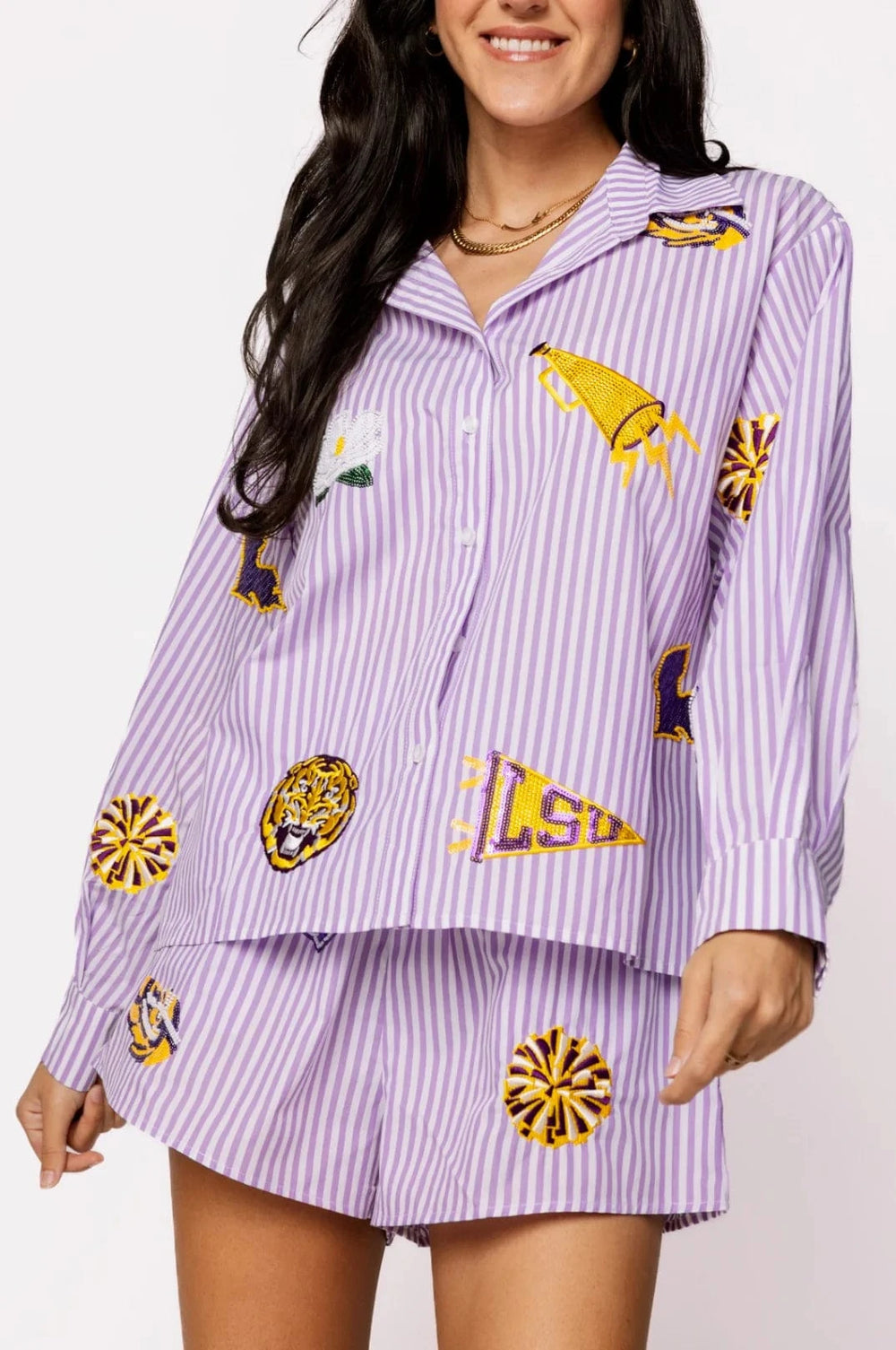 Queen of Sparkles Top White / Purple Stripe / XS Licensed LSU Mini Icon Striped Button Down Long Sleeve Top