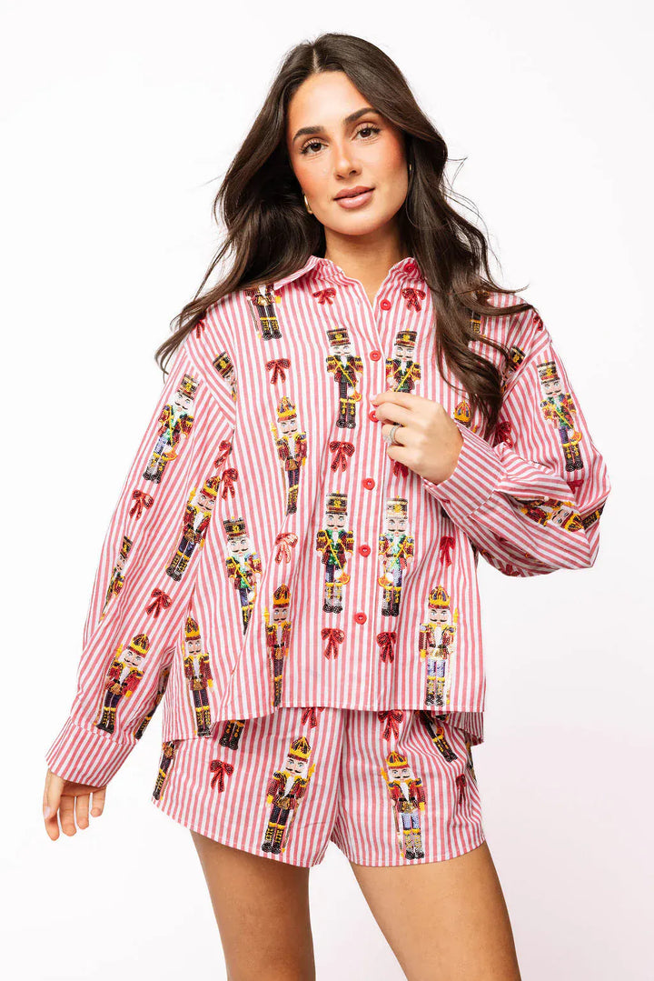 Queen of Sparkles Top White / XS Red Stripe Scattered Nutcracker & Bow Cotton Button Up Top
