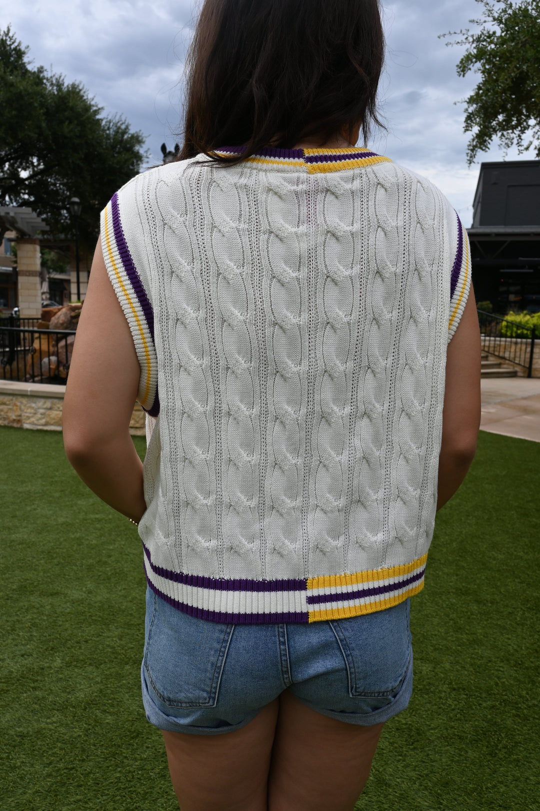 Queen of Sparkles Vest Purple & Gold Pearl 'LSU' V Neck Sweater Vest