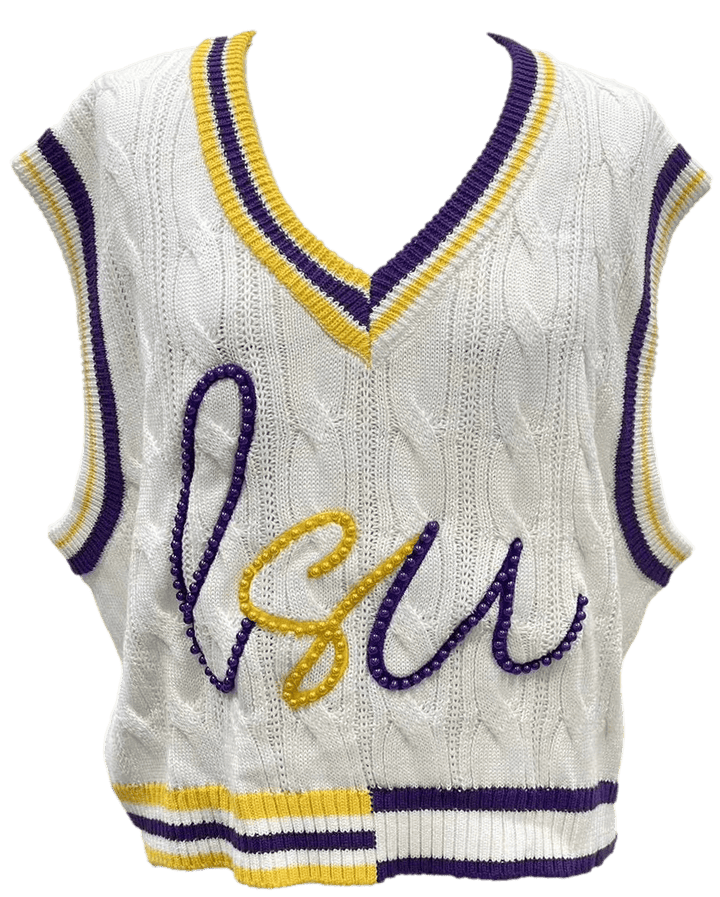 Queen of Sparkles Vest White / XS Purple & Gold Pearl 'LSU' V Neck Sweater Vest