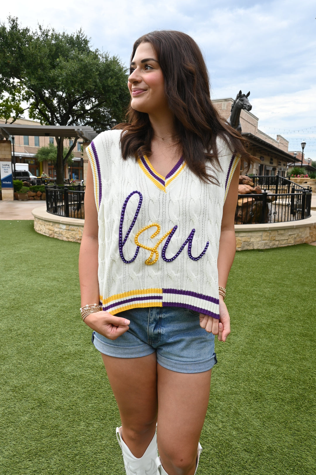 Queen of Sparkles Vest White / XS Purple & Gold Pearl 'LSU' V Neck Sweater Vest