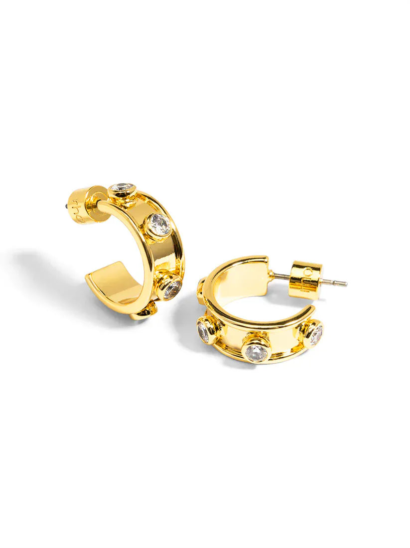 Crystal studded wide huggies earrings by RHO Jewelry featuring sparkling gemstones and a sleek, modern design
