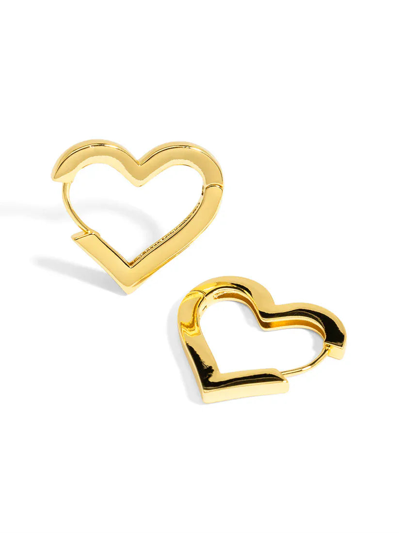 Gold heart hoop earring by RHO Jewelry, featuring a round hoop design with a heart-shaped charm, on a plain background.