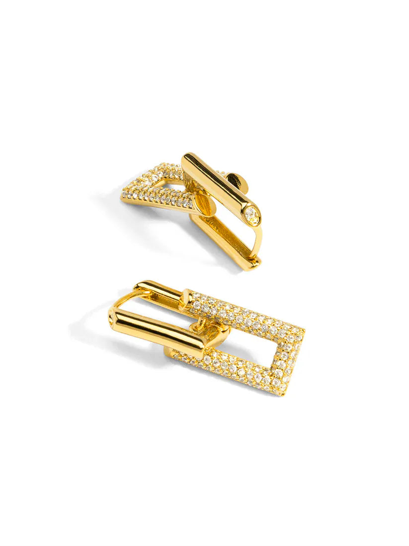 RHO Jewelry Pav≈Ω Double Link Drop Earring featuring gold-tone metal and clear gemstone accents, stylish dangle earring design