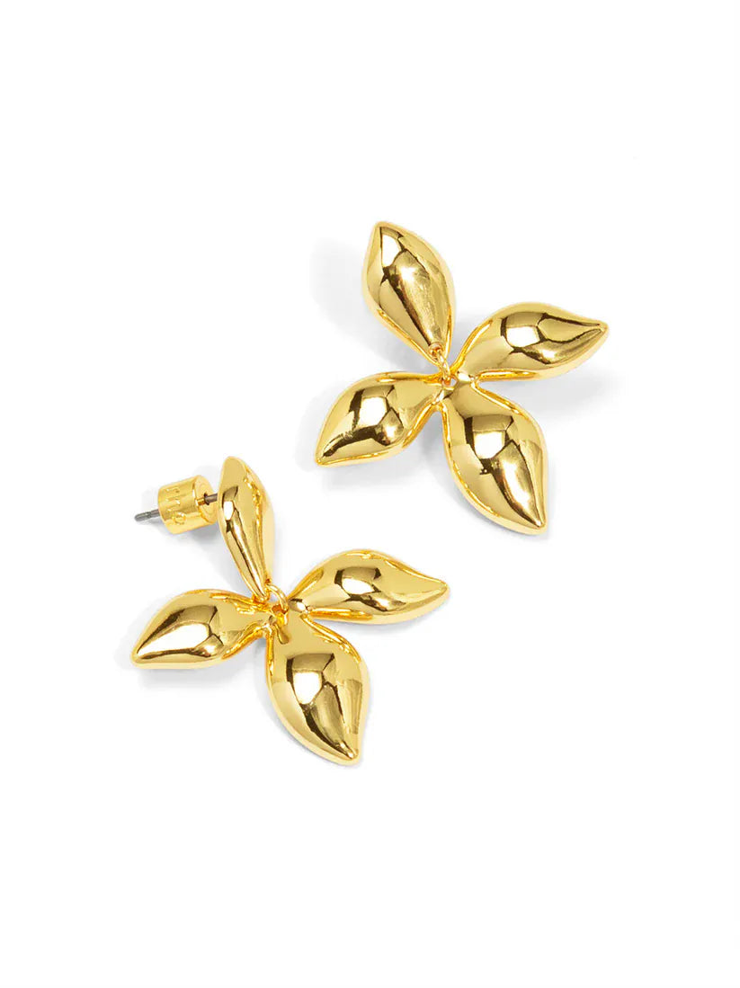 Puffed Petal Stud Earring by RHO Jewelry featuring a delicate floral design with a shiny gold finish.
